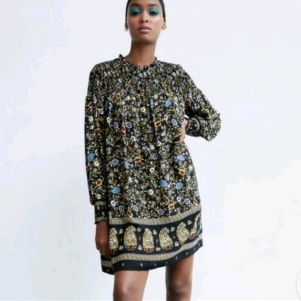 Zara Printed Scarf Smocked Mini Dress Size Medium A93